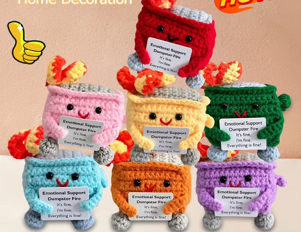 Emotional Support Dumpster Fire with Encouraging Card Positive Crochet Dumpster Fire Office and Home Decoration Gifts