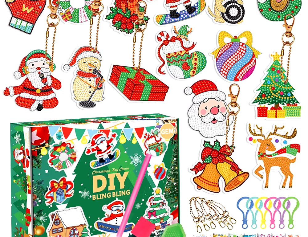 Christmas Diamond Painting Keychain 5D DIY Hanging Diamond Art Kits Diamond Ornaments for Kids Christmas Crafts Family Decor