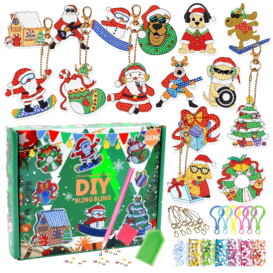 Christmas Diamond Painting Keychain 5D DIY Hanging Diamond Art Kits Diamond Ornaments for Kids Christmas Crafts Family Decor