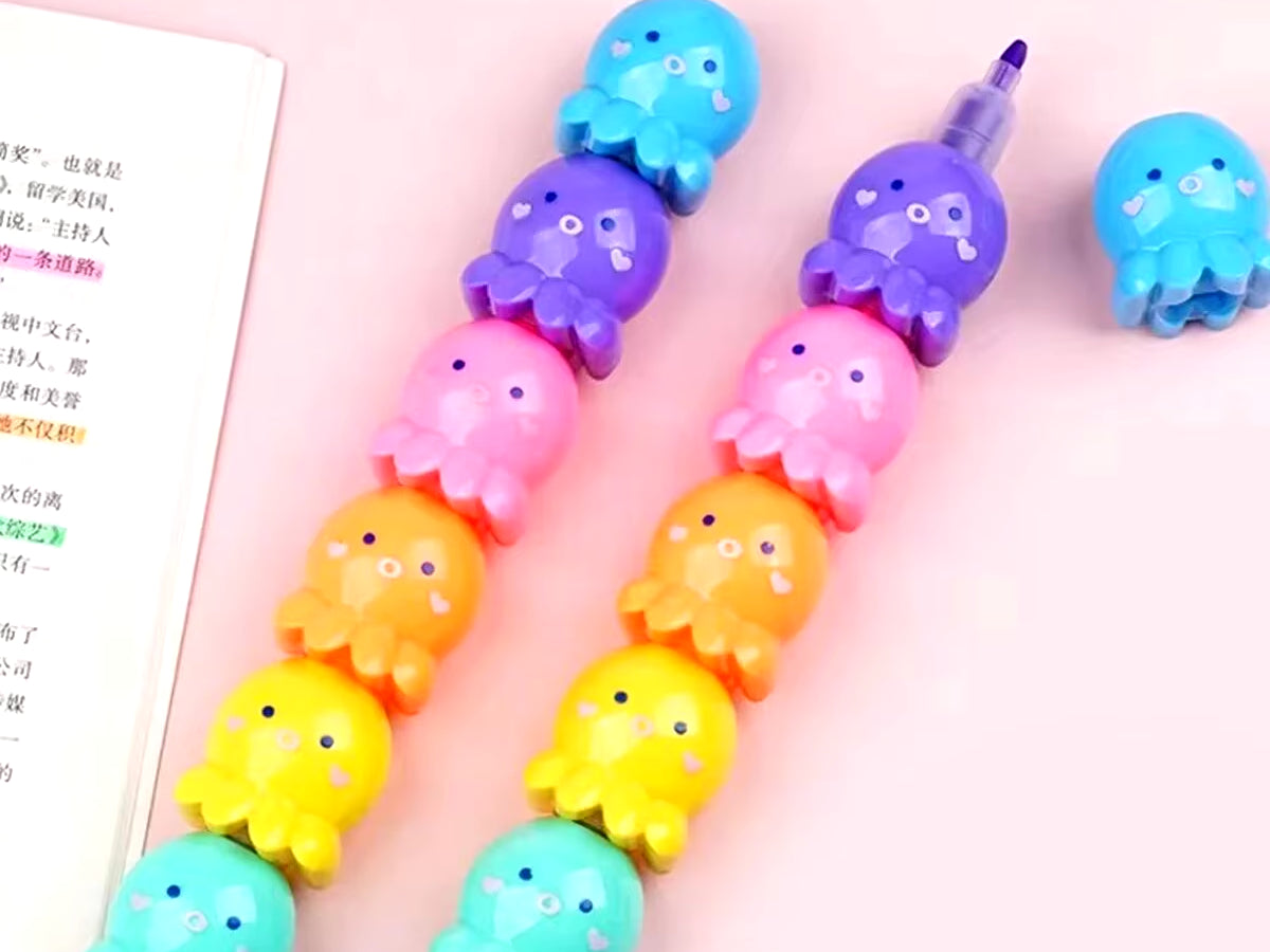 5 Colors Cute Octopus Highlighter Watercolor Highlighter and Graffiti Markings for School and Office