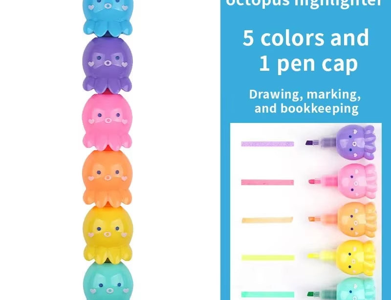 5 Colors Cute Octopus Highlighter Watercolor Highlighter and Graffiti Markings for School and Office