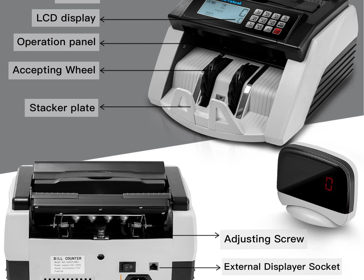 Bill Counter Machine, Money Counting Machine with UV/MG/MT/IR Counterfeit Detection, Count Value of Bills, Valucount, Add and Batch Modes, Large LED Display, 1,000 Bills/Min (Black)