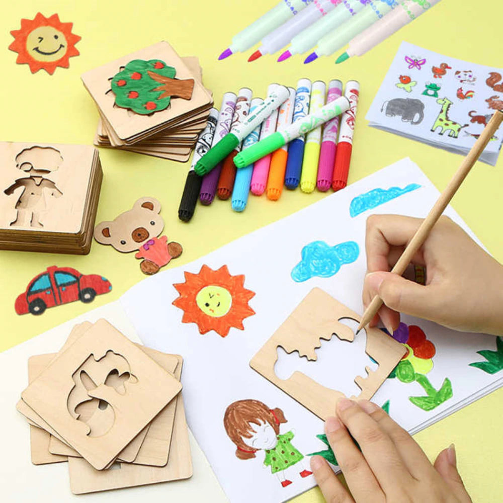 Wooden Montessori Drawing DIY Painting Template Stencils Learning Educational Toys